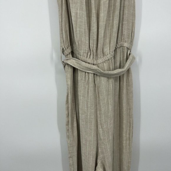 Universal Thread Jumpsuit Off Shoulder Linen Belted Beige Stripe NWT - Picture 9 of 11